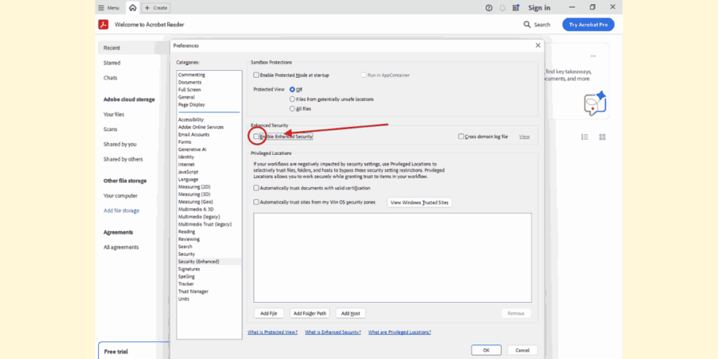 Uncheck Enhanced Security