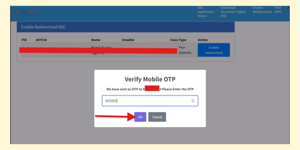 Enter the OTP and click on Submit button.