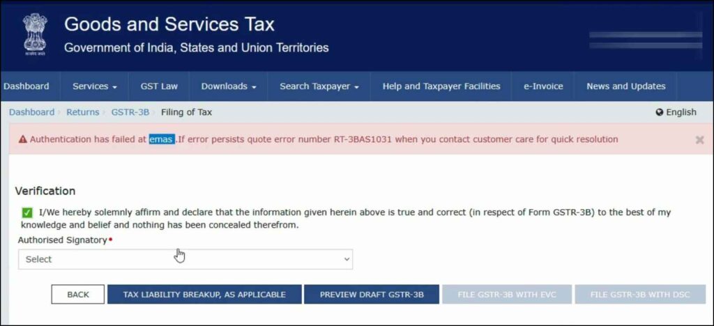 Authentication Has Failed at EMAS in GST Return Filing? Here's the Working Fix (2026)