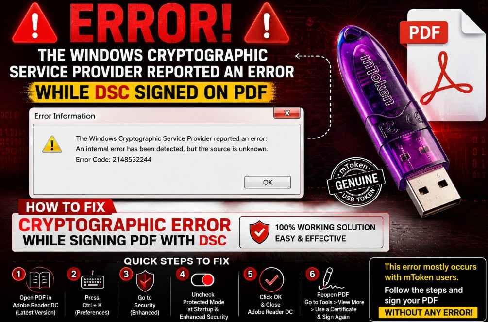 The Windows Cryptographic Service Provider Reported an Error While DSC Signed on PDF
